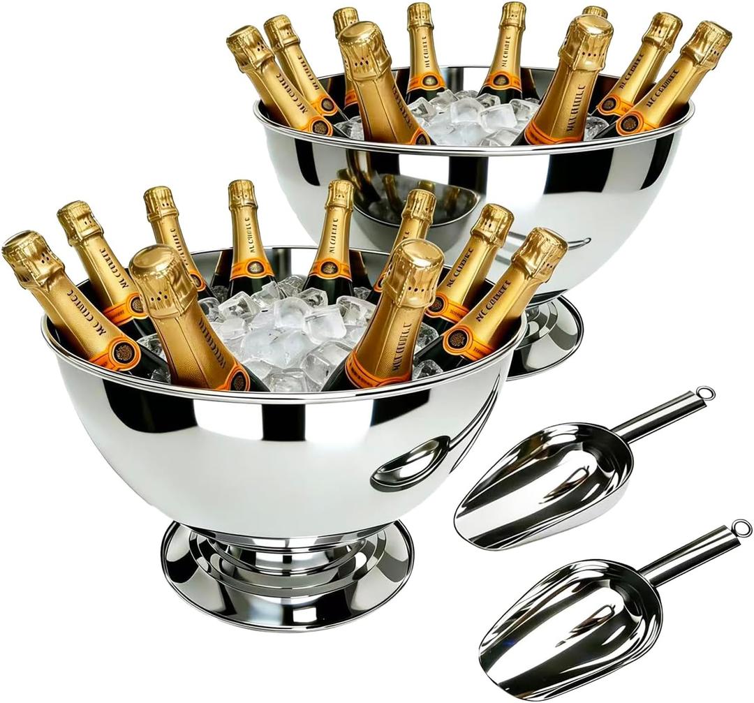 2 Packs Premium Stainless Steel Champagne Bucket, 15.3" Large Capacity Ice Bucket with Detachable Base, Mirror Polished Inside & Out, Heavy Duty Wine Chiller for 8 Bottles, Ideal for Parties, Weddings