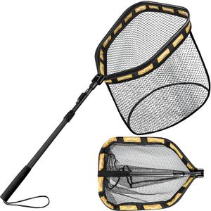 PLUSINNO Floating Fishing Net for Steelhead, Salmon, Fly, Kayak, Catfish, Bass, Trout Fishing, Rubber Coated Foldable Landing Net with Fixed or Telescoping Pole Handle, Fishing Gear and Gifts for Men