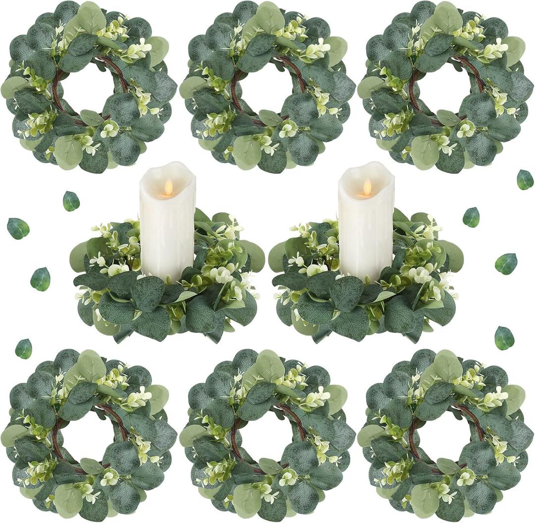 Waydress 8 Pcs Candle Rings Artificial Eucalyptus Leaves Candle Wreaths 10 Inch Boho Greenery Wreaths Rings for Pillars Candleholders for Wedding Party Home Table Door (Vivid Style)