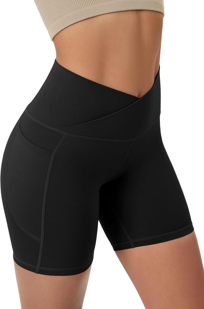 ODODOS Cloud Feeling Cross Waist Yoga Shorts with Pockets for Women, 6" Crossover High Waist Lounge Biker Shorts (Medium, Black)