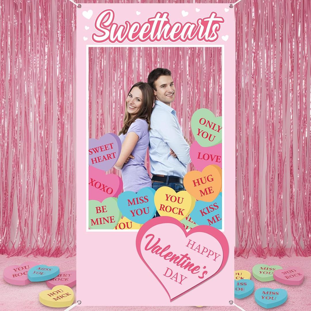 Gueevin Valentine's Day Conversation Hearts Photo Props Frame 75" x 40" Large Pastel Candy Heart Conversation Photo Props for Valentines Sweet Day Wedding Anniversary Bridal Shower Party Supplies