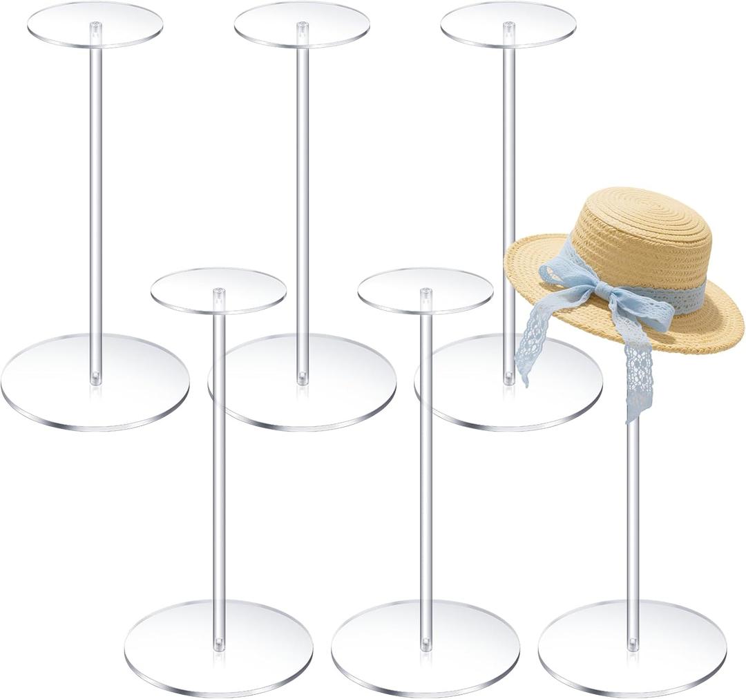 Giantree 6 Sets Acrylic Hat Stand Holder, 12 Inch Clear Pedestal Stand Wig Display Rack Round Baseball Hat Rack Risers for Tabletop Display Jewelry Watch Helmets