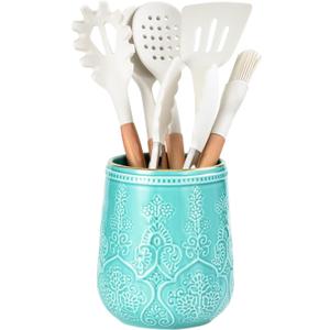Utensil Holder, Large Utensil Holder for Kitchen Counter, 6.5Ceramic Cooking Utensil Organizer, Kitchen Decor for Counter (Turquoise)