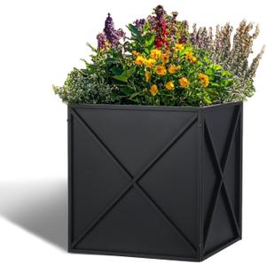Large Metal Planter Box 17x 17x 18, Square Modern Black Metal Planter Box Heavy Duty with Drainage Holes for Outdoor Garden Patio