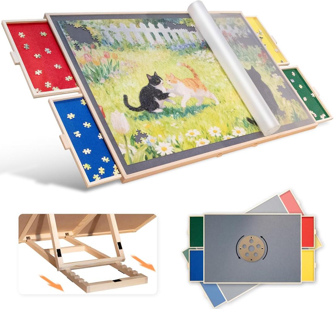 1500 Pieces Rotating & Tilting Puzzle Board, with Non-Slip Tabletop & Protective Cover, Sort-Wise Colorful Felt Drawers, Portable Wooden Jigsaw Puzzle Table for Adults, Birthday Gifts for Mom