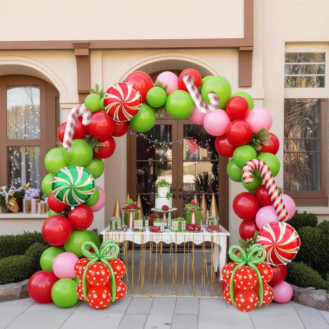 143 Pcs Christmas Balloons Garland Arch Kit with Xmas Red Pink Green Balloons Candy Cane & Swirl Foil Balloons for Holiday Party Decorations Xmas Backdrop Birthday Party Supplies