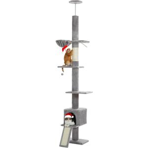 PEQULTI Cat Tree Floor to Ceiling, Tall Cat Tower, Adjustable Height (83''-108'') 5 Tiers Climbing Tree for Indoor Cats with Cat Condo, Scratching Post and Ladder, Grey