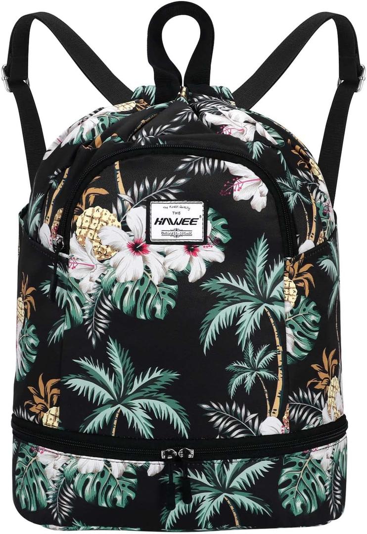 Dry Wet Drawstring Backpack with Shoe Compartment for Women Adjustable Gym Bag (Coconut Palm)