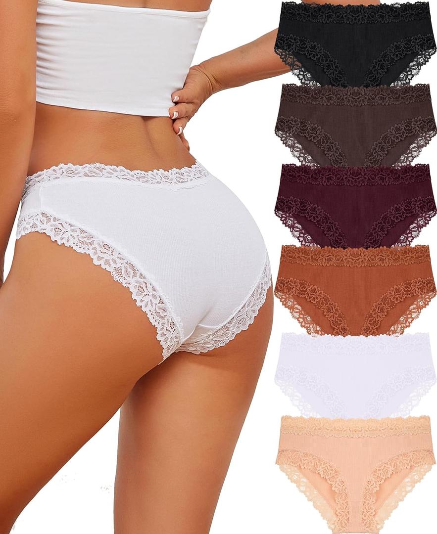 Knowyou Cotton Underwear for Women Cheeky Bikini Womens Underwear Pack Sexy Lace Wasit Hipster Brief Panties for Ladies (Small, A 6 Pack(black*1 White*1 Orange*1 Brown*1 Beige*1 Wine*1))