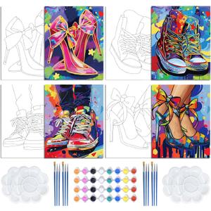 4 PCS Pre Drawn Canvas to Paint for Adults 8 x 10 Inch Couple Sip and Paint Kit Party Supplies Favor Shoes Couples Painting Kit Date Night Canvas Painting Kit for Valentine's Day Painting