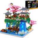 POKONBOY Peach Blossom Pond Building Blocks Set, Chinese Architecture Cherry Blossom Tree House Building Kit with LED Light Gift for Kids Adults Age 12+ (3320 Pcs, Micro Bricks)