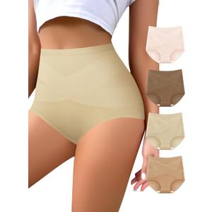 Women's High Waisted Underwear Slightly Tummy Control Cotton Panties Full Coverage Postpartum Briefs 4 Pack (L)