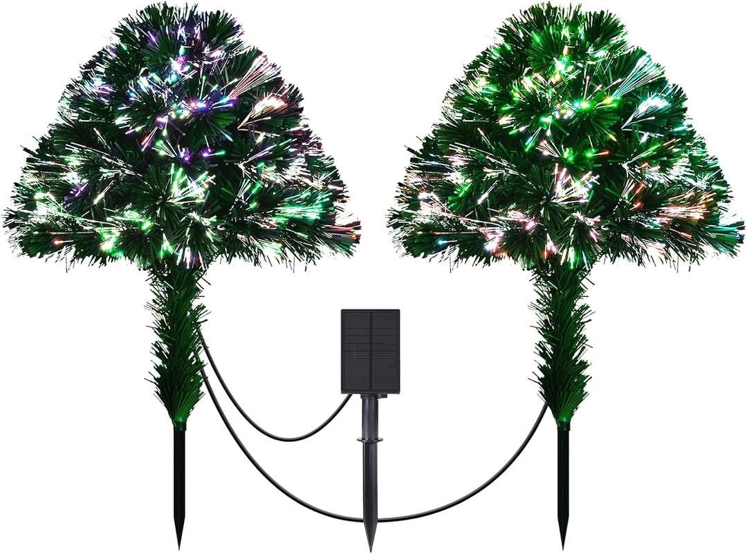Alupssuc Set of 2 18 Inch Pre-lit Fiber Optic Xmas Tree with Muti-Color Lights, Solar Outdoor Christmas Tree, Christmas Urn Filler for Outsdie Holiday Display Yard Front Porch Pathway Decor
