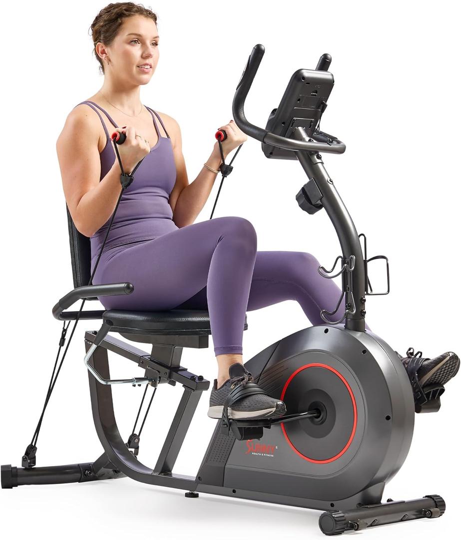 Sunny Health & Fitness Smart Heavy-Duty Recumbent Bike w/Wide Cushioned Seat & Back, Indoor Cycling Machine for Adult/Seniors Home Exercise, Free SunnyFit App Connect, Optional Workout Training Bands