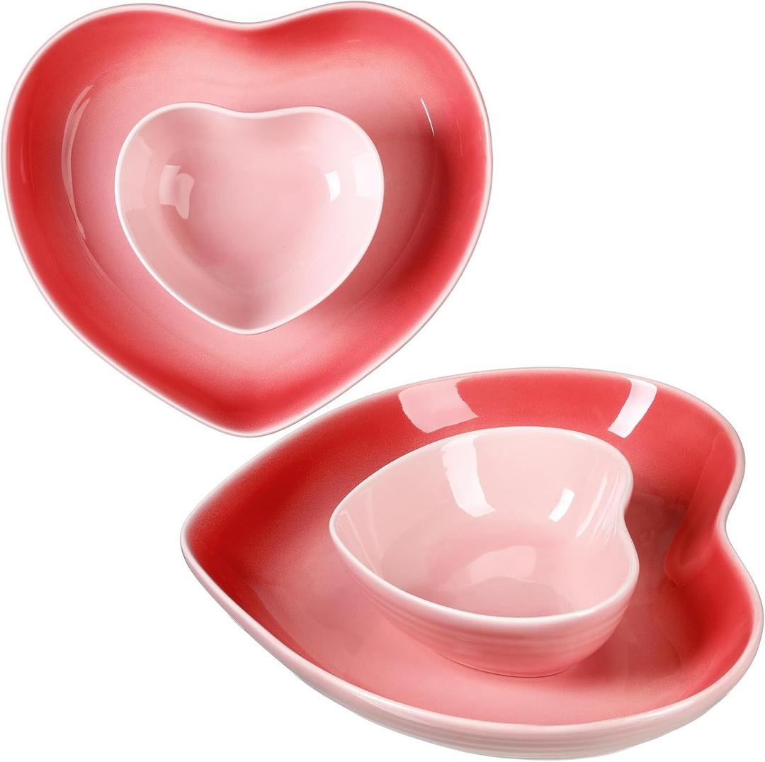 Tioncy 2 Set Heart Shaped Bowls and Plates Set Ceramic Valentine Dinnerware Dish Bowls Dinner Salad Dessert Appetizer Plates for Valentine Wedding Anniversary Baking Kitchen Party Supplies(Pink)