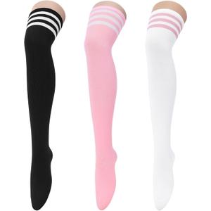 Komorebi 3 Pairs Womens Thigh High Socks Striped Over the Knee High Socks Casual Long Socks Cotton Thigh High Stockings 3 Pairs Mixed Color 05 One Size