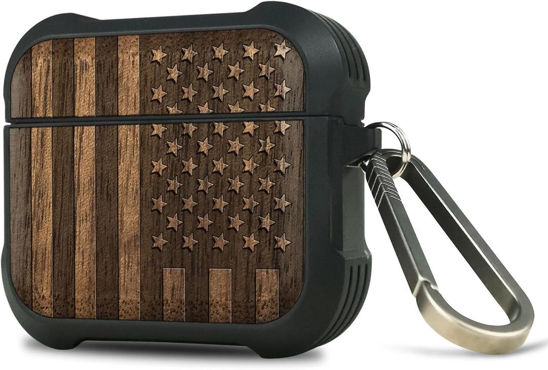 Carveit Wooden Case for AirPods 4 Case (2024) (USB-C) 4th Generation, Wood Artisan Engraved & TPU Shockproof Cover, Titanium Quick Released Clasp (American Flag) Walnut