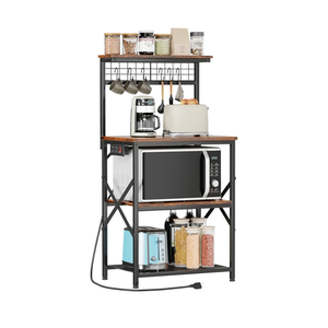 Furologee Kitchen Bakers Rack with Power Outlet, Microwave Oven Stand with Storage 4 Tiers, Coffee Bar Table with 6 S Hooks, Kitchen Storage Shelf Rack for Spices, Pots, Rustic Brown