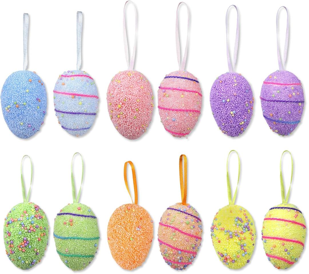 2 x Colorful Easter Eggs, Foam Ornaments with Hanging Ribbon, Spring Home Decor, 12 Count