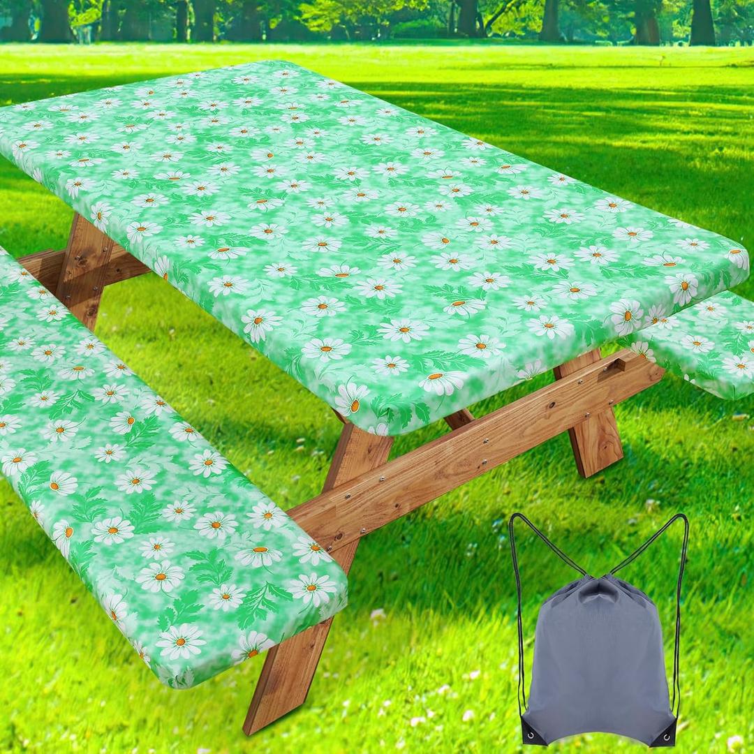 misaya Picnic Table Cover with Bench Cover, Waterproof Elastic Fitted Tablecloth for 6 Foot Tables, Rectangle Washable Polyester Tablecloths for Picnic, Camping, Outdoor (Green Daisy, 30" x 72")