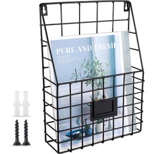 Metal Wire Wall Mounted Magazine Holder, Wall Hanging Organizer holder for Files, Newspapers, Magazines with Tag Slot for Office, Home Organization, Black