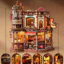 ROBOTIME Moving Coffee Factory 3D Wooden Puzzle for Adults Mechanical Building Kit with Music Box & Warm LED Lights, 593PCS No-Glue Book Nook Kit, Miniature House Kit Desk Decor, Unique Gift