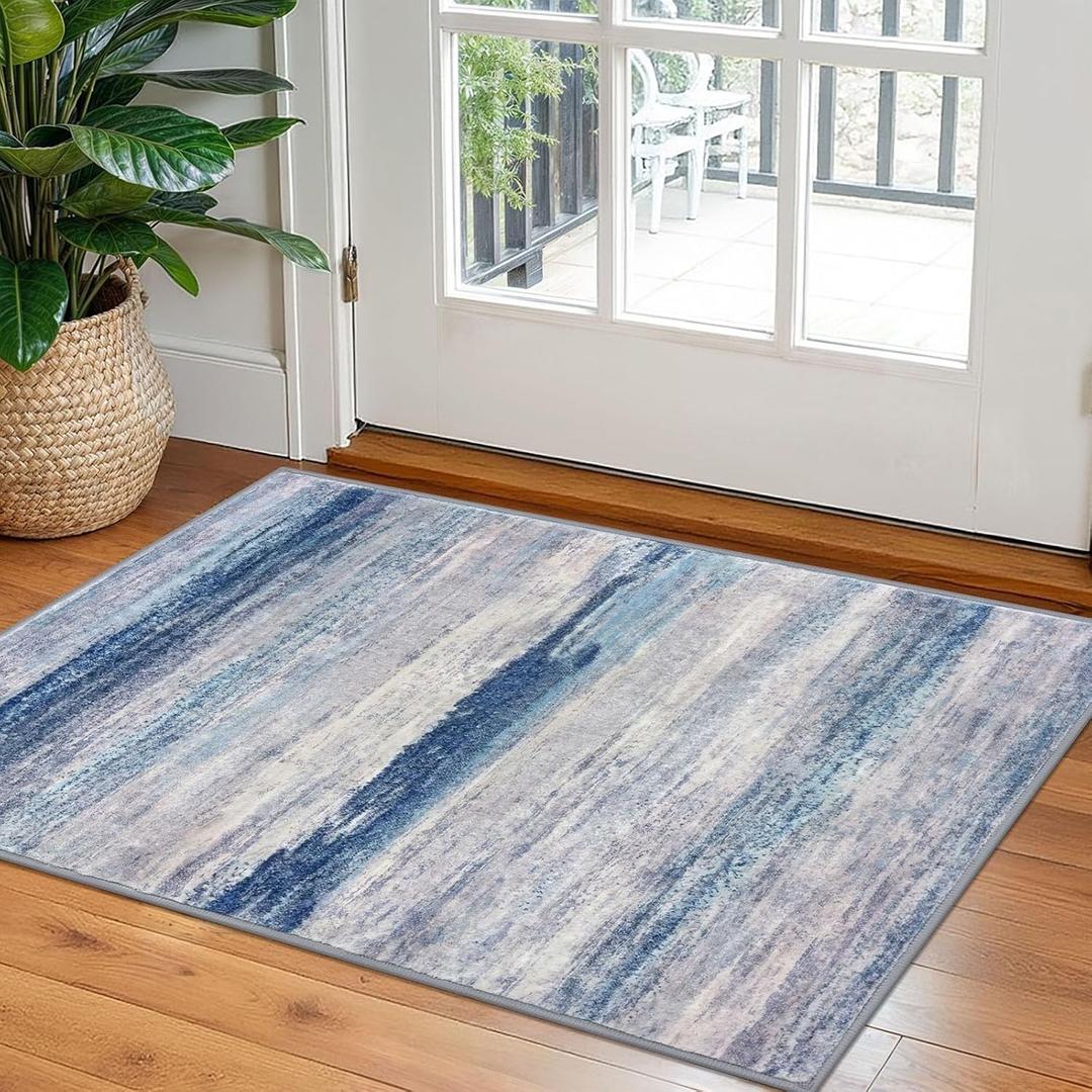 KOZYFLY Modern Abstract Small Area Rugs, 2x3 Washable Kitchen Rug Non-Slip Soft Small Bathroom Rug, Blue/Grey/Beige Striped Entryway Rugs Abstract Print Faux Wool Doormat for Bedside Entrance Bedroom