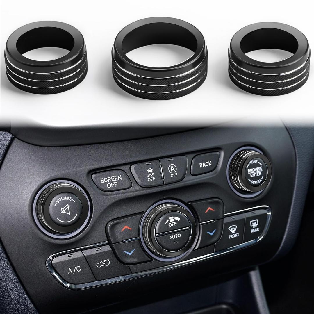 Auovo Volume Tune Air Conditioner Knob Covers Compatible with Durango 2014-2020, Grand Cherokee 2014-2021 Car Interior Trim Knob Cover Air Conditioning Switch Volume Controller Rings (B-Long, Black)