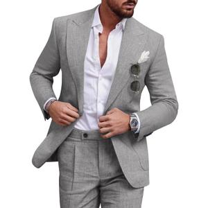 Linen Men Suit Set Casual Tuxedo 2 Piece Regular Fit Blazer One Button Solid Jacket and Pants for Prom Wedding Party (Gray, L)