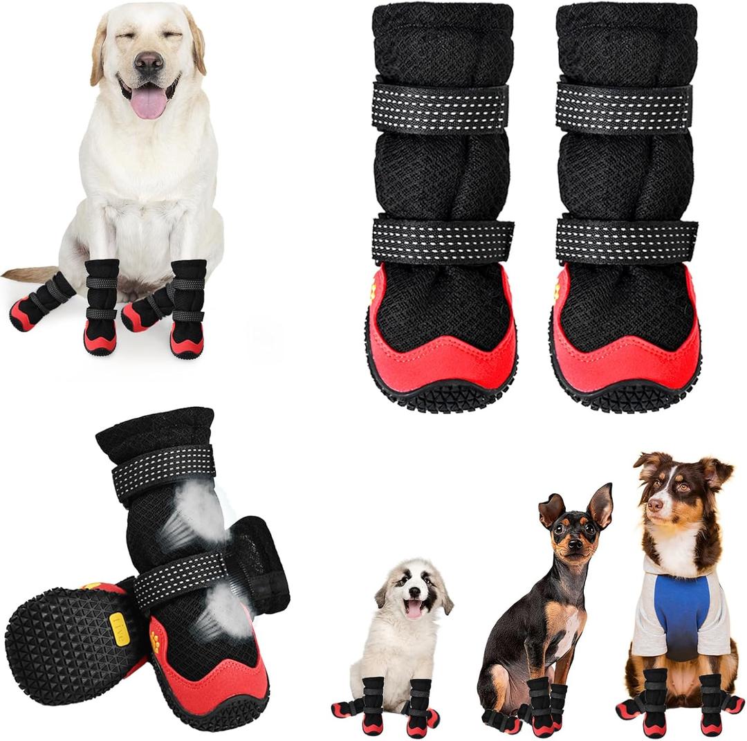 Dog Shoes for Medium Large Size Dogs, Breathable Dog Shoe for Hot Pavement, Dog Booties and Paw Protectors to Prevent Licking, Anti-Slip Dog Boots with Reflective for Summer, Hiking, Snow (Size 5) (Breathable-Black Red)