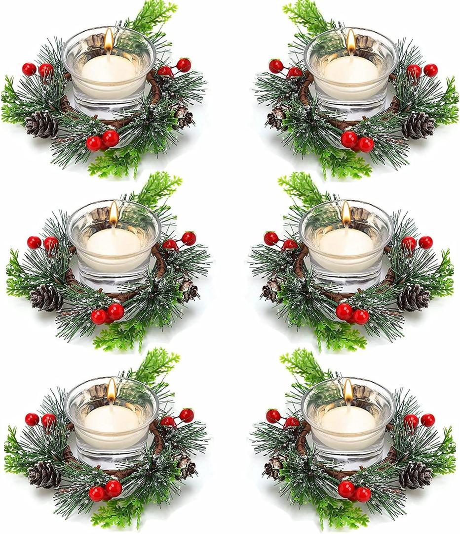 6 Pieces Christmas Candle Ring Artificial Red Berry Candle Holder with Pine Cones Christmas Wreath Rings for Xmas Home Dining Table Centerpieces Decor