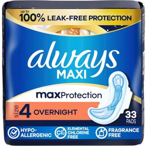 Always Maxi Overnight Pads with Wings for Women, Size 4, Overnight Absorbency, Unscented, 33 Count