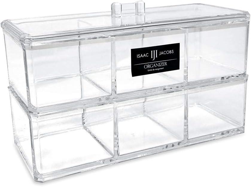 Isaac Jacobs 3-Compartment Clear Acrylic Rectangular Stackable Organizer with Lid, Multi-Sectional Drawer Tray, Storage Solution for Makeup, Craft Supplies, for Bathroom, Kitchen, Office (2, Clear)