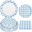 150Pcs Light Blue Gingham Party Supplies Blue Gingham Paper Plates and Napkins Blue Plaid Plates Disposable Blue and White Plaid Party Decor for Baby Shower Family Picnic BBQ,Serves 50 Guests