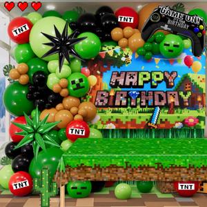 Pixel Gamer Birthday Decorations for Boys All in One Party Decor Kit with Authentic Biome Colors (Cocoa Brown, Jungle Green, Black) Includes TNT & Controller Foil Balloons, Backdrop, and Tablecloth
