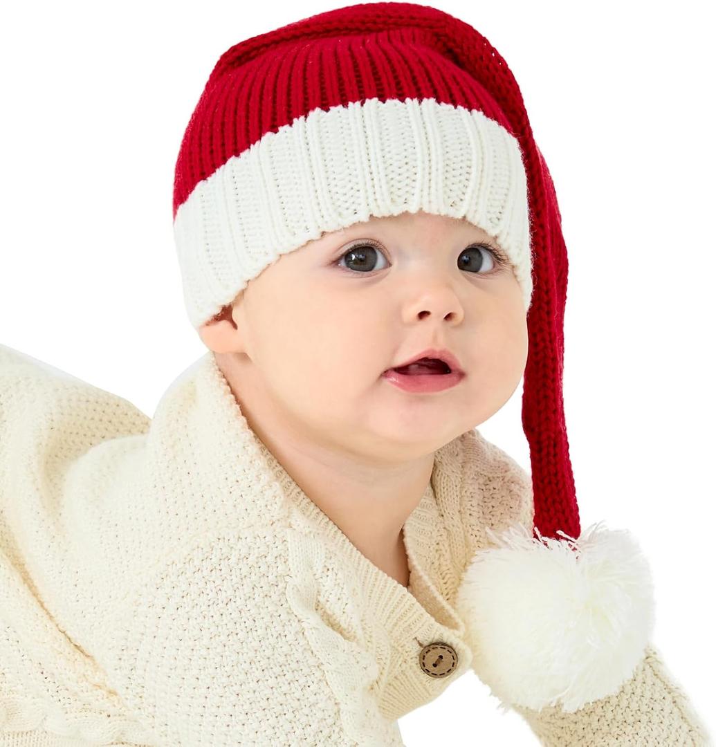 Baby Santa Hat Christmas for Baby Toddler Infant Newborn Washable Fade-restant Knitted Santa Hat Soft Warm Long for New Year Festive Holiday Party Indoor Outdoor Winter Red