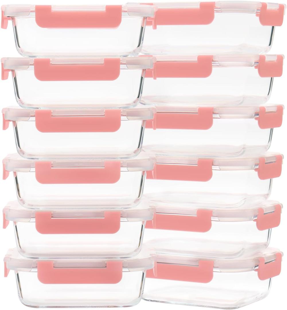 Glass Meal Prep Containers 12-Pack, 22oz Glass Food Storage Containers with Lids, Air-Tight, Leak-Resistant, Freezer to Microwave Safe-Pink Set