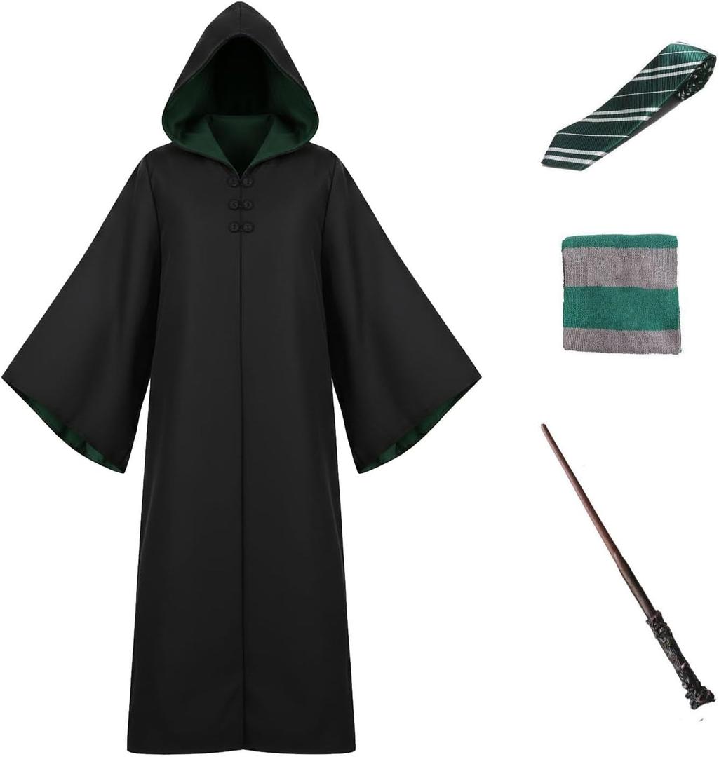 OYYJIG Magician Robe for Adult Teens, Wizard School Costume for Men Women,Four Magic College Styles Cloak Witch Hooded Cape (Small, Green)