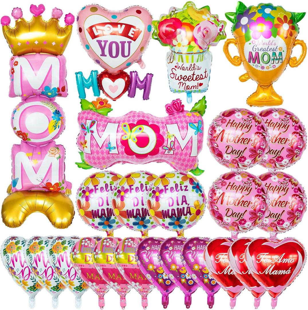 48 Pcs Mothers Day Foil Balloons, Happy Mother's Day Mylar Balloon, Mama Heart Balloons for Best Mom Ever Mom Party Birthday Decorations Supplies