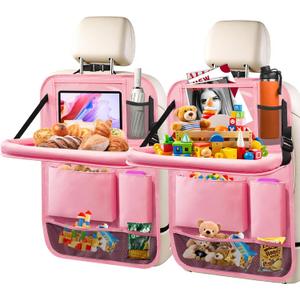 2Pack Car Backseat Organizer with Foldable Table Tray,6 Storage Pockets Car Storage Organizer with Tablet Holder,Car Seat Back Protectors Kick Mats Travel Accessories (Pink)