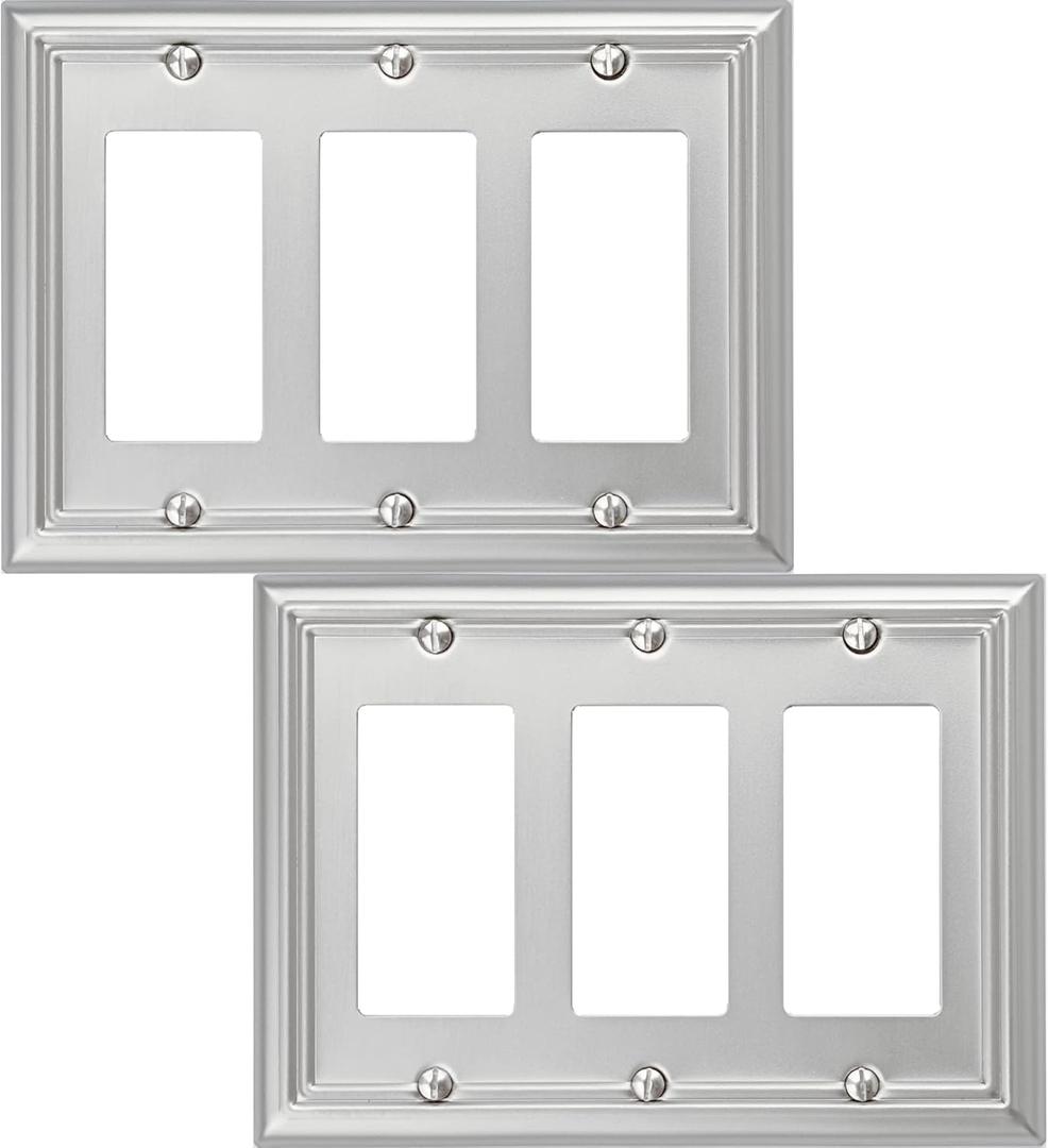 OKAWYC Triple Decorator Light Switch Cover Adler Metal Wall Plate, 2-Pack Brushed Nickel 3 Gang Triple Rocker, for Receptacle Dimmer Switch GFCI Outlet, Switch Cover Decorative Wallplate, Durable