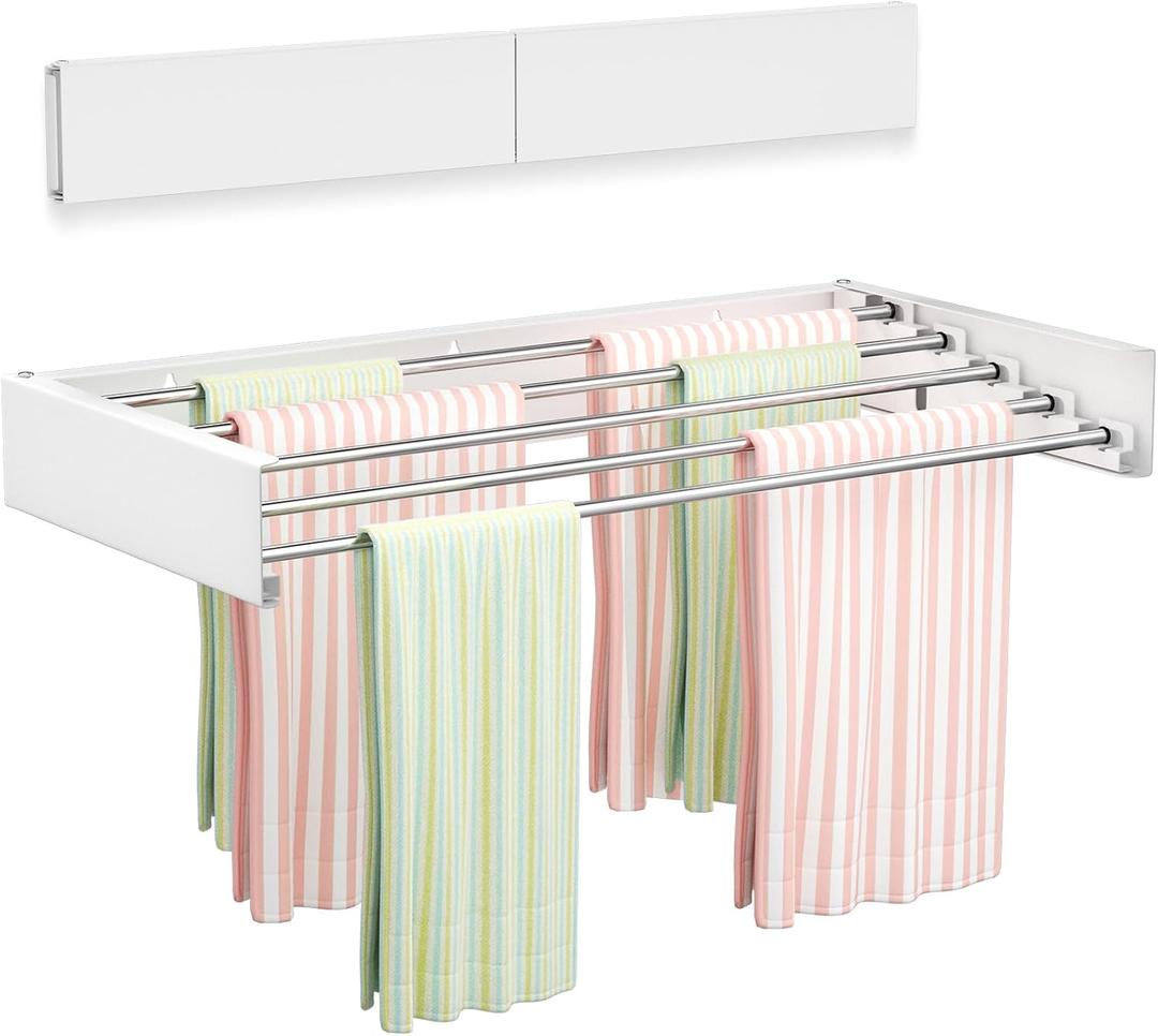 Vikaqi Wall Mounted Clothes Drying Rack 23.6", Foldable Wall Mount Laundry Rack Folding Indoor, Drying Rack Clothing Collapsible, Hidden Space Saver with Wall Template, 5 Rods, White, 23.6" Wide