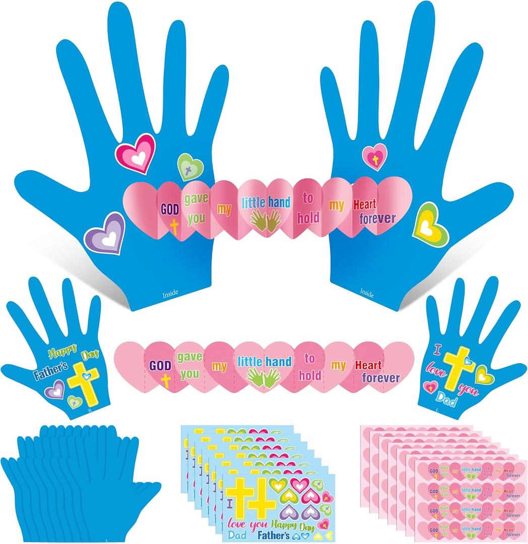 WATINC Fathers Day Thankful Handprint Craft kit - 28 Sets DIY Appreciate Crafts for Dad with Cross Heart Sticker, Making Greeting Cards for Christian Sunday School Classroom Art Activities