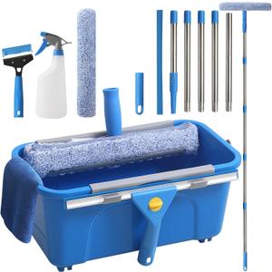 Creatyi 11PCS Window Cleaning Kit Washing Tool, Bucket 3 Gallon, 76 inch Long Handle Window Squeegee and Microfiber Scrubber,Equipped with Replaceable Squeegee and Scrubber for Home Business Use