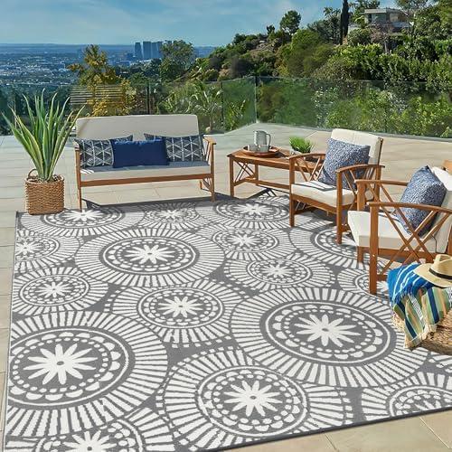 Ileading Outdoor Plastic Straw Rug 8x10ft Modern Geometric Style Reversible Patio Area Rugs Waterproof Non Shedding Portable Carpets for Rv Outside Deck Pool Beach Picnic Camping (Grey)