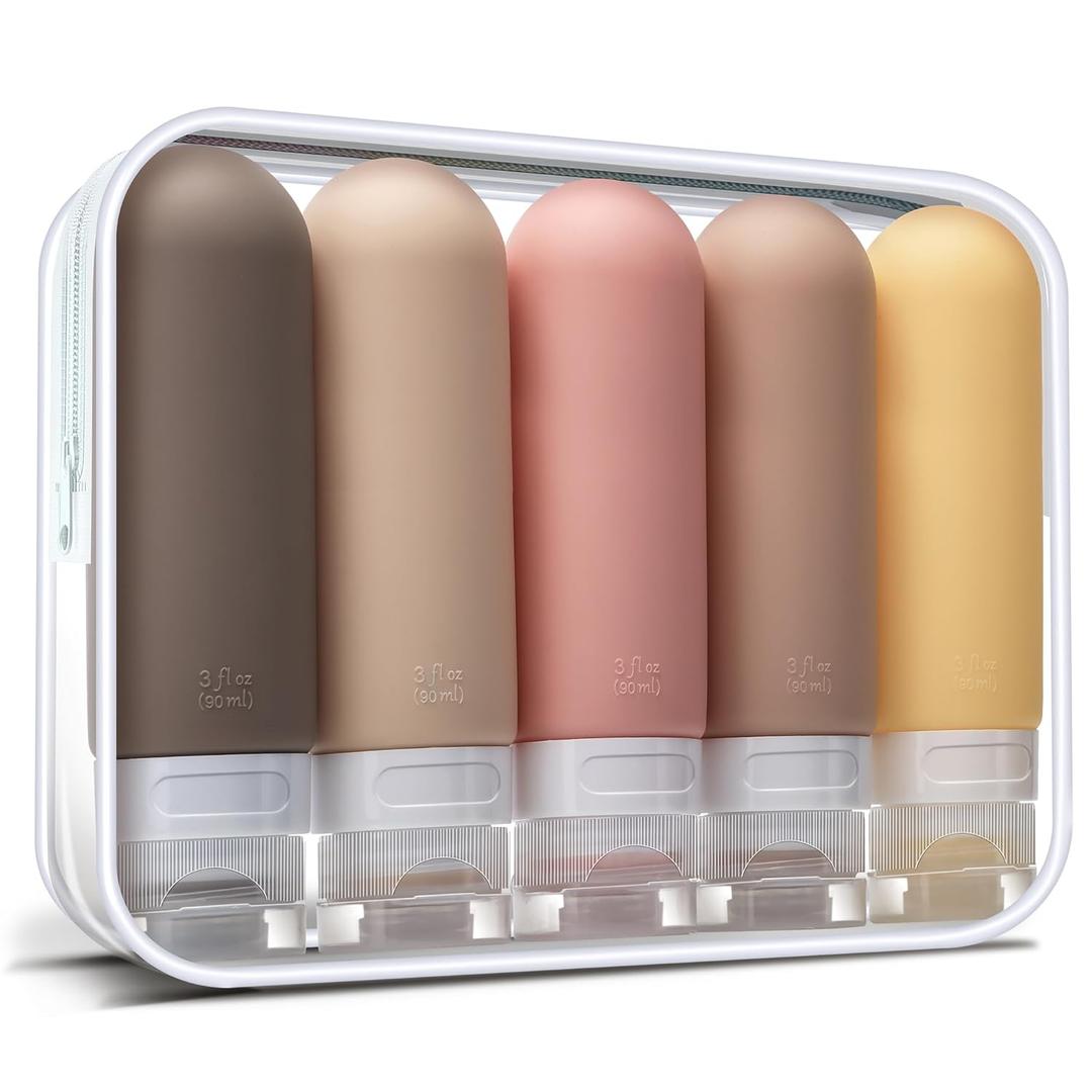 3oz Travel Bottles for Toiletries,Silicone Leak Proof Squeezable Travel Containers,TSA Approved Travel Essentials Bag for Shampoo Conditioner,5 Pack,Brown Pack