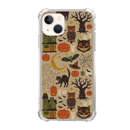 Qivtpjkrin Vintage Halloween Design Phone Case for iPhone 14 Plus, Hippie Cat Skull Pumpkin Pattern Cover for Girls Boys for iPhone 14 Plus, Unique Trendy TPU Bumper Cover Case