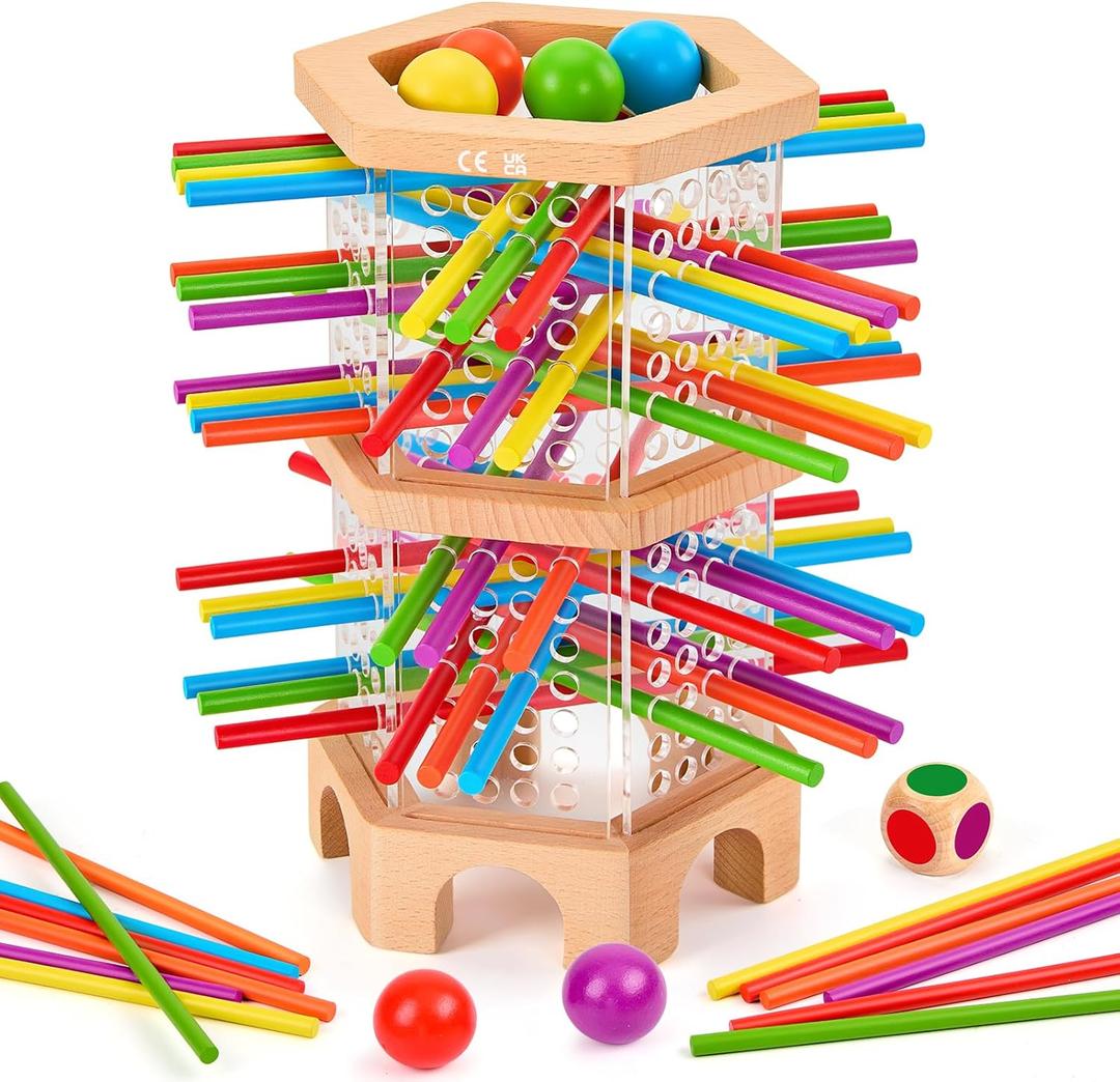 Montessori Wooden Board Game, 42 Colorful Sticks Dice Games for Kids 3 4 5 6 Years, Math Learning Toys Fine Motor Skills & Counting Educational Toy, Family Travel Game Birthday Gifts for Boys Girls