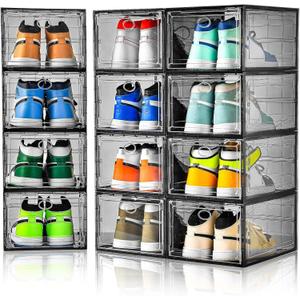 Amllas 12 Pack Shoe Boxes Stackable,Upgraded Sturdy Shoe Storage Boxes with Clear Magnetic Door,Multifunctional Sneaker Storage, Shoe Box Organizer Fit up to US Size 12 Gray(13.8x 9.84x 7.1)