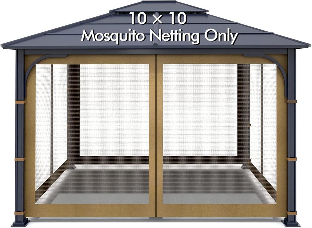 Wonwon Gazebo Universal Replacement Mosquito Netting Outdoor Canopy 4-Panel Screen Walls with Zipper for 10' x 10' Gazebo (Mosquito Net Only) (Khaki)